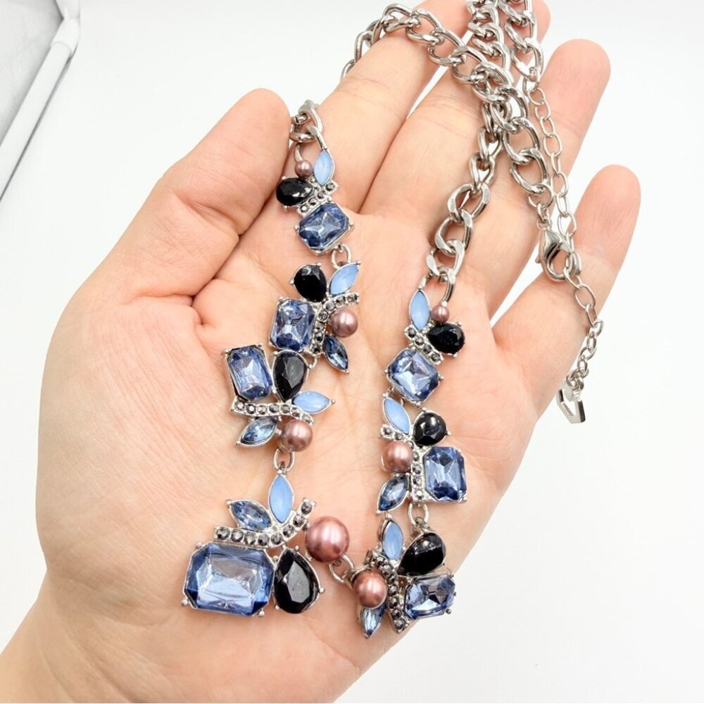 Silver Tone Chain Necklace with Blue Rhinestones & Faux Pearls - Picture 5 of 8